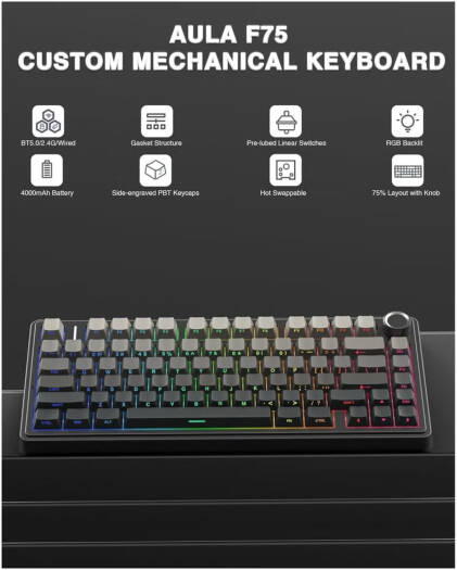 AULA F75 Pro Gasket Wireless 75% Mechanical Keyboard – 80 Keys Compact Design, Reaper Linear Switches, Hot Swappable, RGB Backlit, NKRO Anti-Ghosting, 1000Hz Polling Rate, 4000mAh Battery, Triple Mode (Bluetooth, 2.4GHz, USB-C) – Black | F75 Pro OneCart