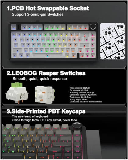 AULA F75 Pro Gasket Wireless 75% Mechanical Keyboard – 80 Keys Compact Design, Reaper Linear Switches, Hot Swappable, RGB Backlit, NKRO Anti-Ghosting, 1000Hz Polling Rate, 4000mAh Battery, Triple Mode (Bluetooth, 2.4GHz, USB-C) – Black | F75 Pro OneCart