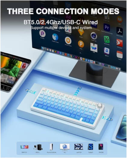 AULA F75 Pro Gasket Wireless 75% Mechanical Keyboard – 80 Keys Compact Layout, Seiya Mechanical Switches, Hot Swappable, RGB Backlit, NKRO Anti-Ghosting, 1000Hz Polling Rate, 4000mAh Battery, Tri-Mode (Bluetooth, 2.4GHz, USB-C) – Blue | F75 Pro OneCart