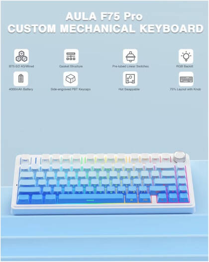 AULA F75 Pro Gasket Wireless 75% Mechanical Keyboard – 80 Keys Compact Layout, Seiya Mechanical Switches, Hot Swappable, RGB Backlit, NKRO Anti-Ghosting, 1000Hz Polling Rate, 4000mAh Battery, Tri-Mode (Bluetooth, 2.4GHz, USB-C) – Blue | F75 Pro OneCart