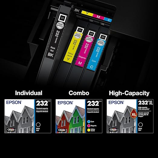 Epson 232 Claria Ink High Capacity Black & Standard Color Cartridge Combo Pack Black, Cyan, Magenta, Yellow Compatible with WorkForce WF-2930, WF-2950, Expression XP-4200, XP-4205 | T232XL-BCS OneCart