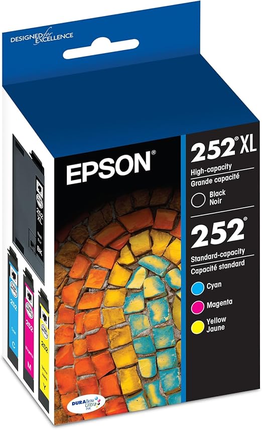 Epson 252XL Ink Cartridge 4-Pack High Yield DURABrite Ultra, Black, Cyan, Magenta, Yellow XL High Capacity Up to 1,100 Pages | T252XL-BCS OneCart