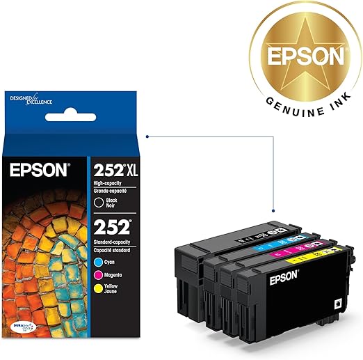 Epson 252XL Ink Cartridge 4-Pack High Yield DURABrite Ultra, Black, Cyan, Magenta, Yellow XL High Capacity Up to 1,100 Pages | T252XL-BCS OneCart