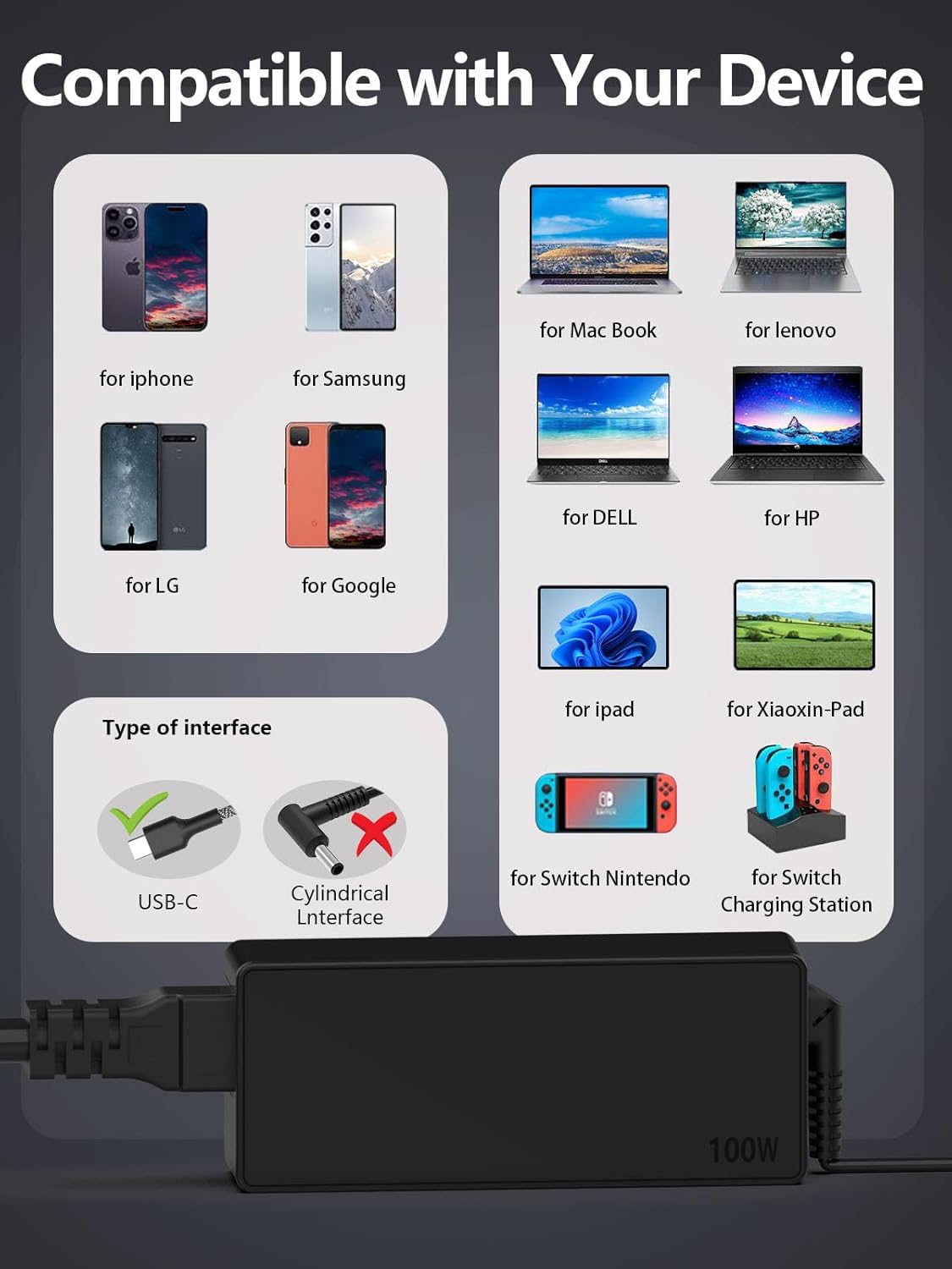 Universal Laptop Charger PD 100W 90W USB C Power Adapter, Type C Power Supply Cord for MacBook Lenovo Dell HP Gateway Asus Acer Samsung LG Sony Monitor TV and More Type C Devices C0077 JS Bazar