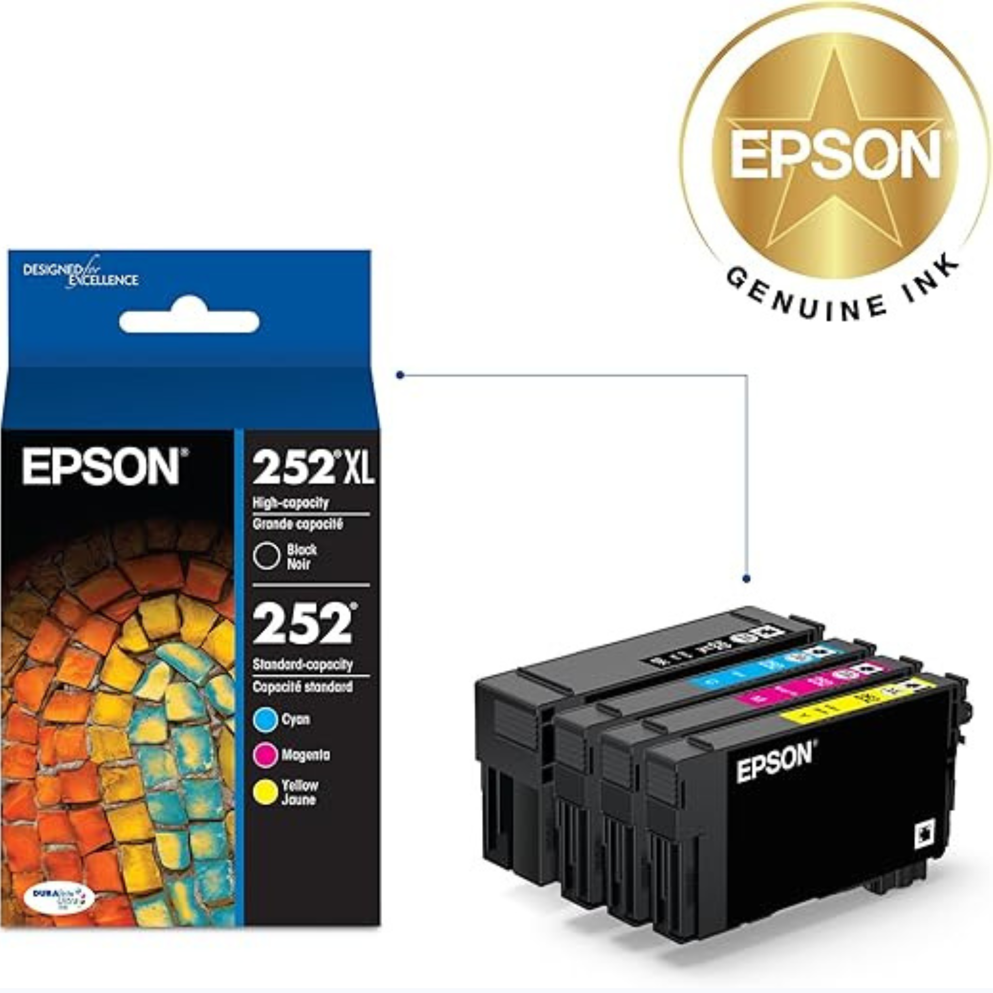 Epson 252XL Ink Cartridge 4-Pack High Yield DURABrite Ultra, Black, Cyan, Magenta, Yellow XL High Capacity Up to 1,100 Pages | T252XL-BCS OneCart