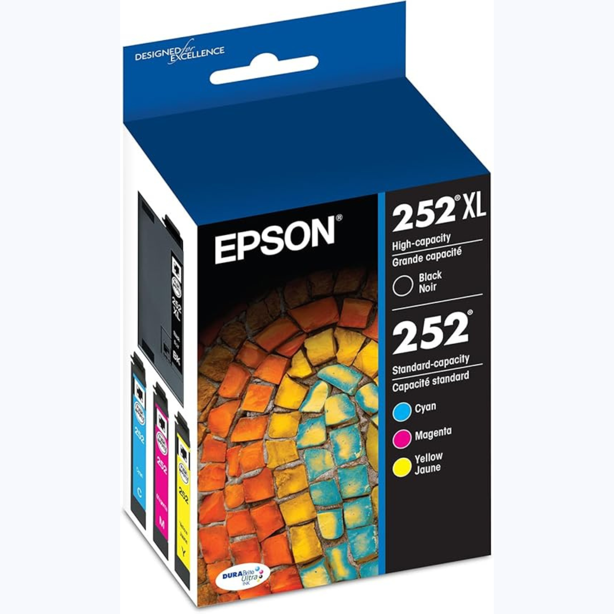 Epson 252XL Ink Cartridge 4-Pack High Yield DURABrite Ultra, Black, Cyan, Magenta, Yellow XL High Capacity Up to 1,100 Pages | T252XL-BCS OneCart