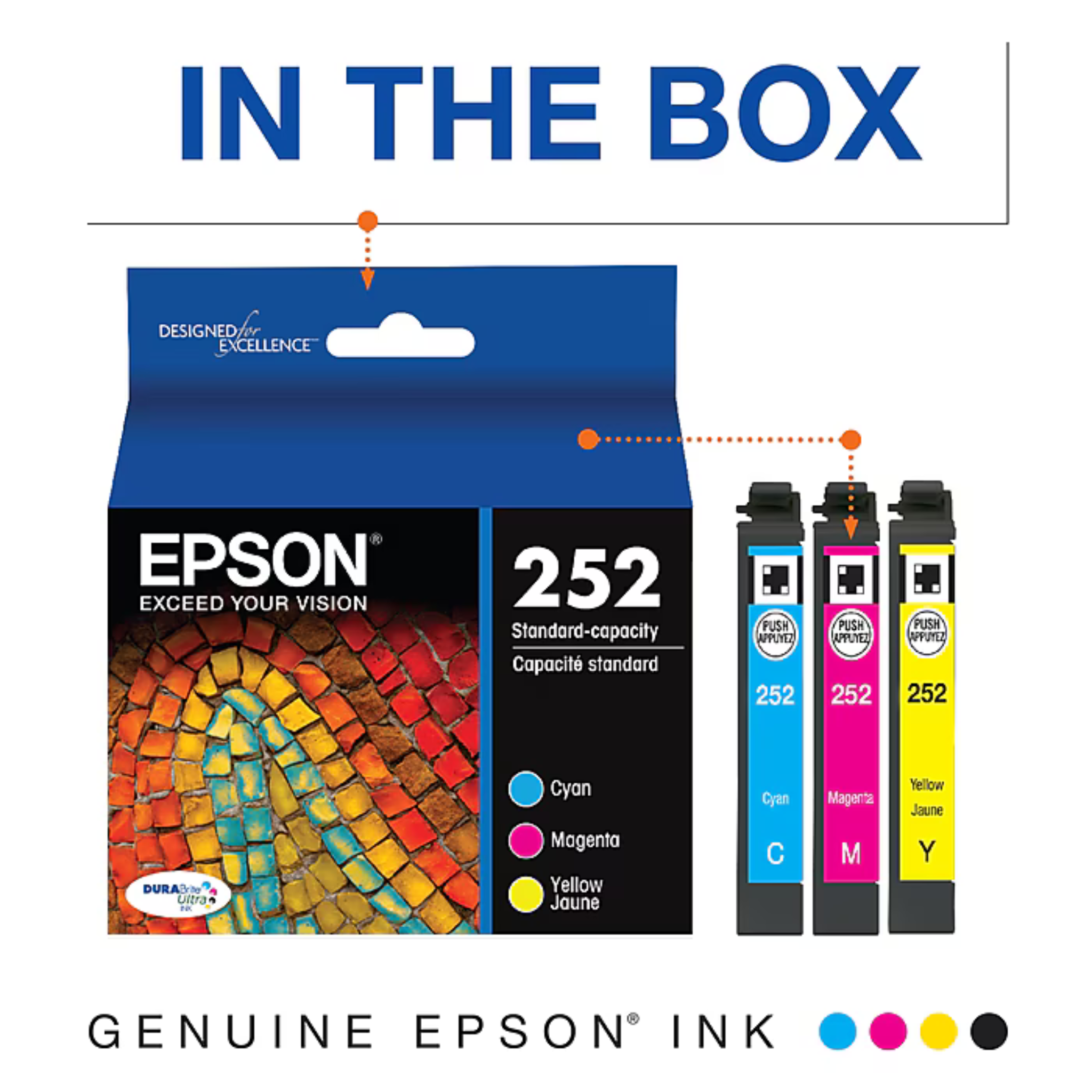Epson 252 Ink Cartridge 3-Pack DURABrite Ultra Standard Capacity, Cyan/Magenta/Yellow, High-Quality Ink for Epson WorkForce Printers | T252520 OneCart