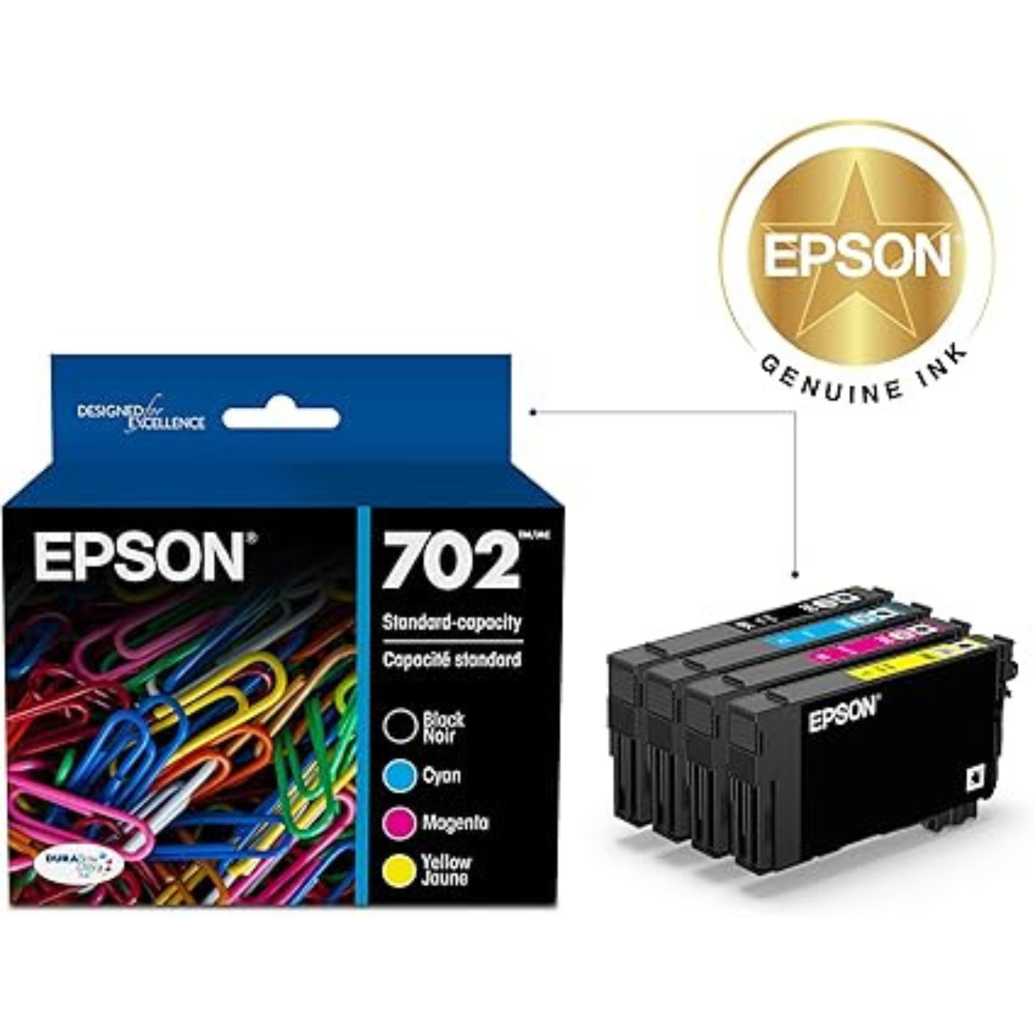 Epson 702 DURABrite Ultra Ink Cartridge 3-Pack Standard Capacity Combo, Black, Cyan, Magenta For WorkForce Pro WF-3720, WF-3730, WF-3733 | T702520-S OneCart