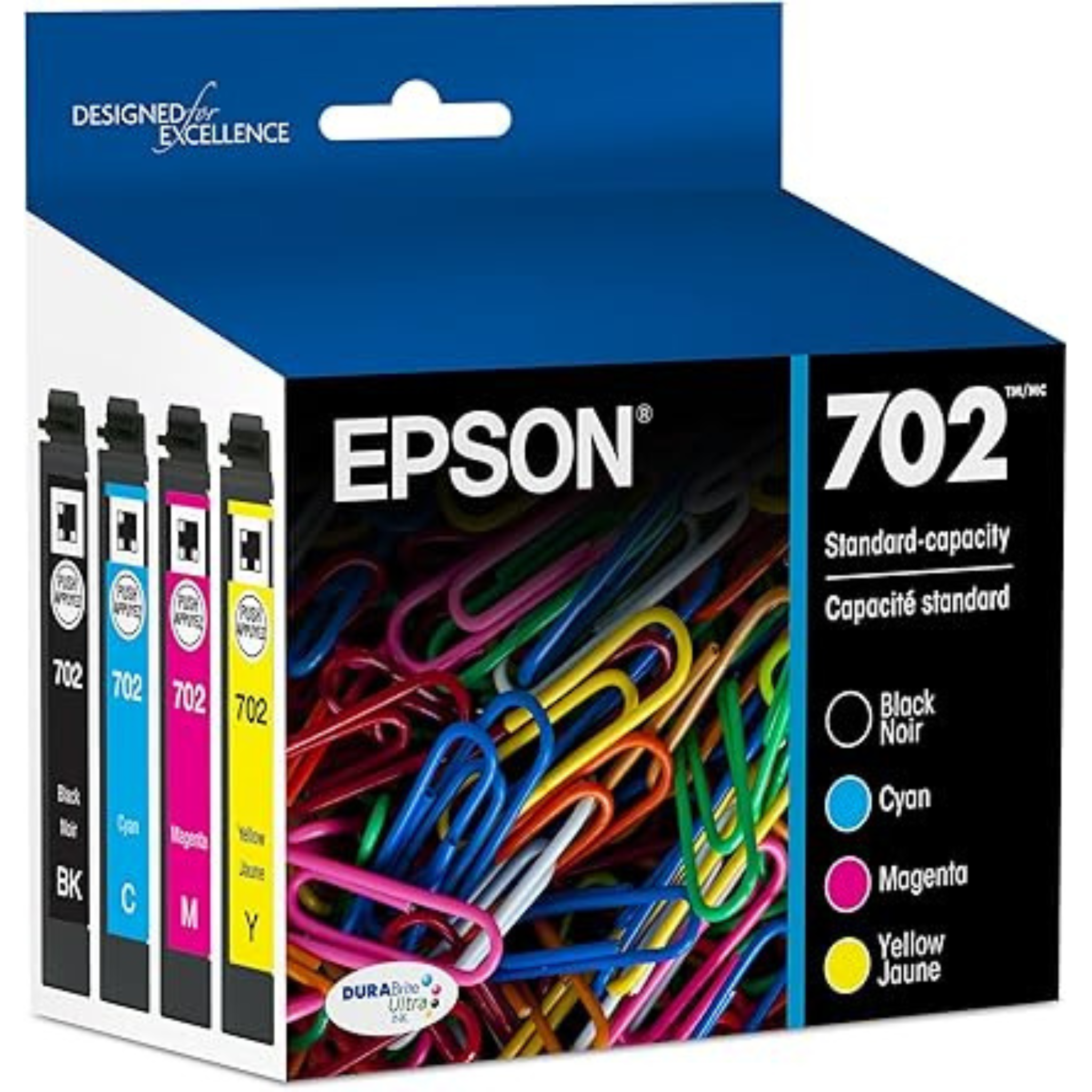 Epson 702 DURABrite Ultra Ink Cartridge 3-Pack Standard Capacity Combo, Black, Cyan, Magenta For WorkForce Pro WF-3720, WF-3730, WF-3733 | T702520-S OneCart