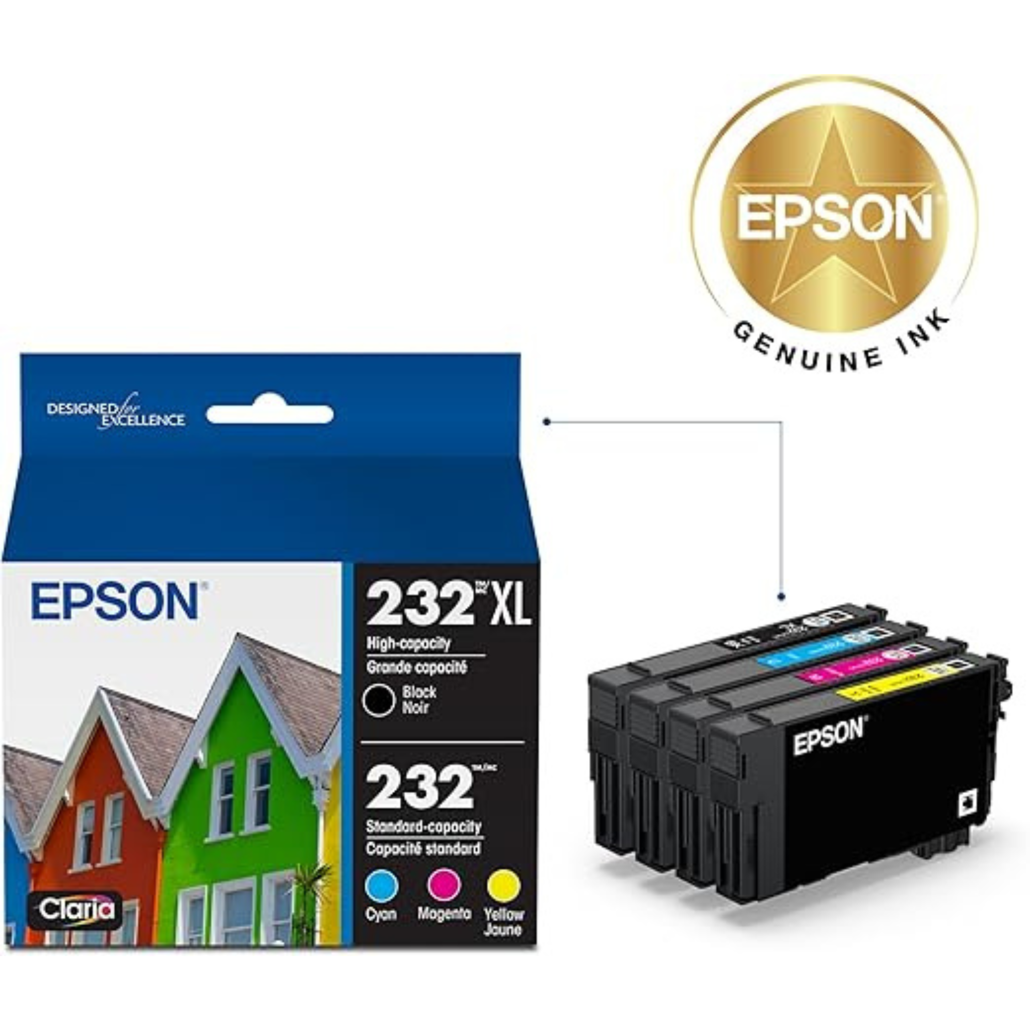 Epson 232 Claria Ink High Capacity Black & Standard Color Cartridge Combo Pack Black, Cyan, Magenta, Yellow Compatible with WorkForce WF-2930, WF-2950, Expression XP-4200, XP-4205 | T232XL-BCS OneCart