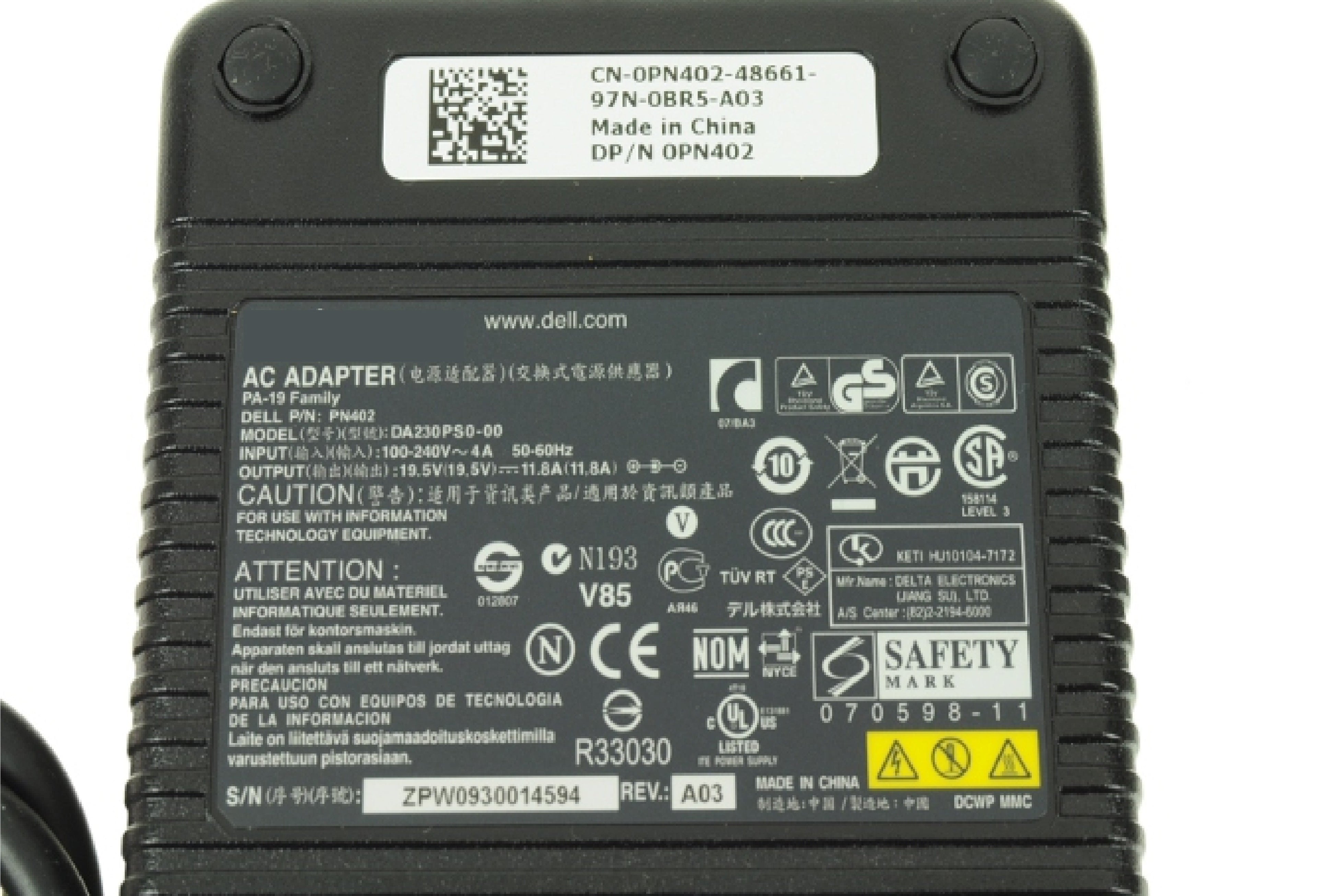 230W Dell Laptop charger for Dell XPS M1730 M1730N 0DT878 0PN402 330-0722 CN072 DA230PS0-00 PA-19 HA230PS0-00 19.5V 11.8A 7.4x5.0MM Laptop Charger JS Bazar