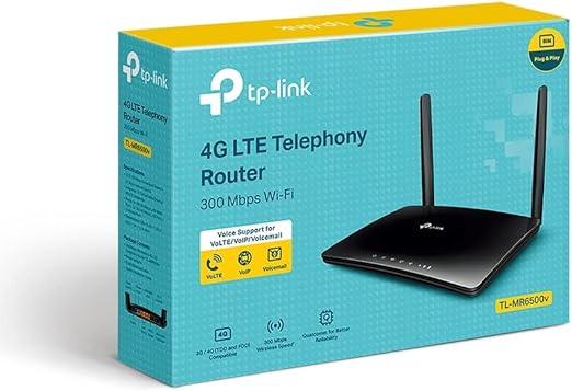 TP-Link N300 4G LTE Telephony WiFi Router, SIM Slot Unlocked, Records up to 100 Minutes of Voicemail, No Configuration Required, Removable External Wi-Fi Antennas, Black | TL-MR6500v