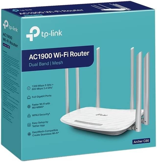 TP Link Archer C86 AC1900 Wireless MU-MIMO Wi-Fi Router, Dual-Band, 2.4GHz (600Mbps) & 5GHz (1300Mbps), 3x3 MU-MIMO, One Mesh Supported, Beamforming, 6x Antennas, White | Archer C86