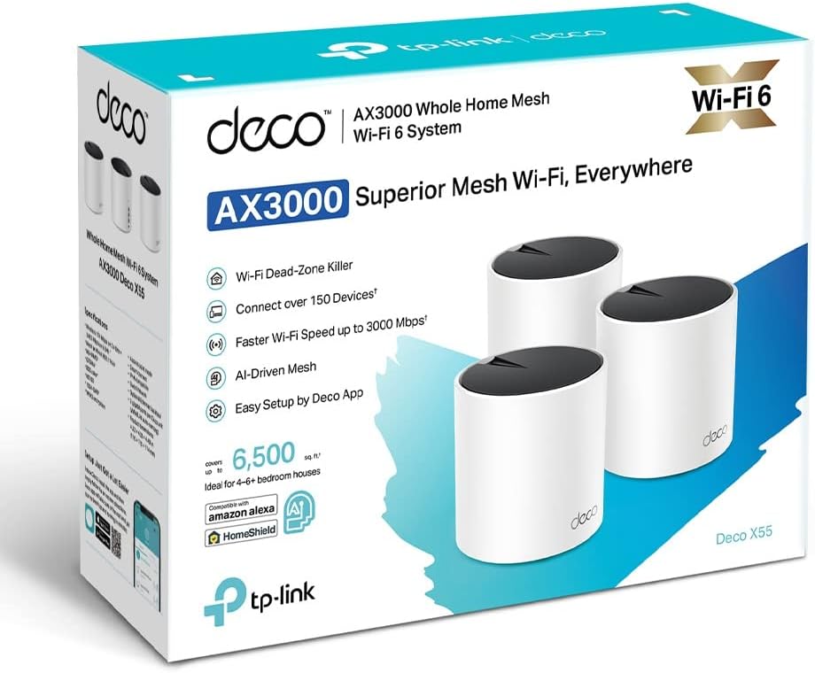 TP-Link Deco X55 AX3000 WiFi 6 Mesh System 3 Pack, Covers up to 6500 Sq.Ft, AI-Driven Mesh, 3 Gigabit Ports Per Unit, Ethernet Backhaul, White | Deco X55 OneCart