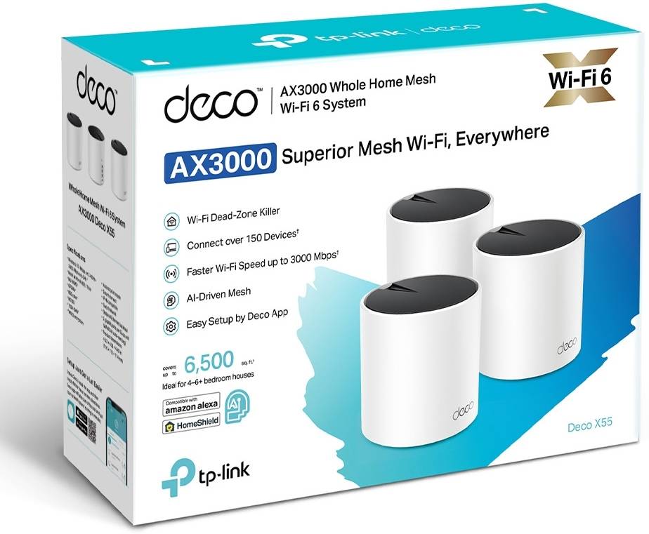TP-Link Deco AX3000 WiFi 6 Mesh System, Covers up to 6500 Sq.Ft, Replaces Wireless Router and Extender, AI-Driven Mesh, 3 Gigabit Ports Per Unit, Supports Ethernet Backhaul, 3-pack, White | Deco X55
