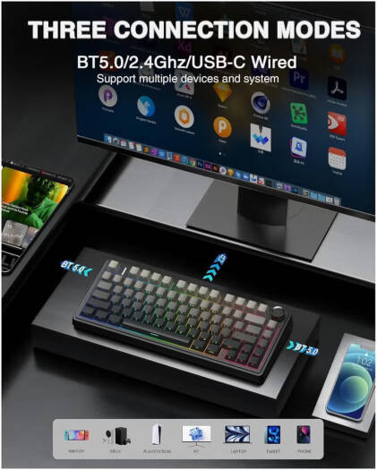 AULA F75 Pro Gasket Wireless 75% Mechanical Keyboard – 80 Keys Compact Design, Reaper Linear Switches, Hot Swappable, RGB Backlit, NKRO Anti-Ghosting, 1000Hz Polling Rate, 4000mAh Battery, Triple Mode (Bluetooth, 2.4GHz, USB-C) – Black | F75 Pro OneCart