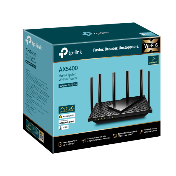 TP-Link Archer AX72 Pro AX5400 Multi-Gigabit WiFi 6 Router, Dual-Band 5GHz &amp; 2.4GHz, 2.5G WAN/LAN Port, 4×4 MU-MIMO, 160MHz Bandwidth, Black | Archer AX72 Pro OneCart