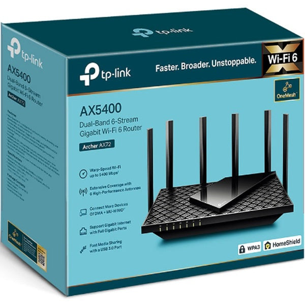 TP-Link Archer AX72 WiFi 6 Gigabit Router – Dual-Band 2.4GHz &amp; 5GHz, Up to 5400 Mbps, 4×4 MU-MIMO, Beamforming, 6 Antennas, USB 3.0, OFDMA, WPA3 Security, Black