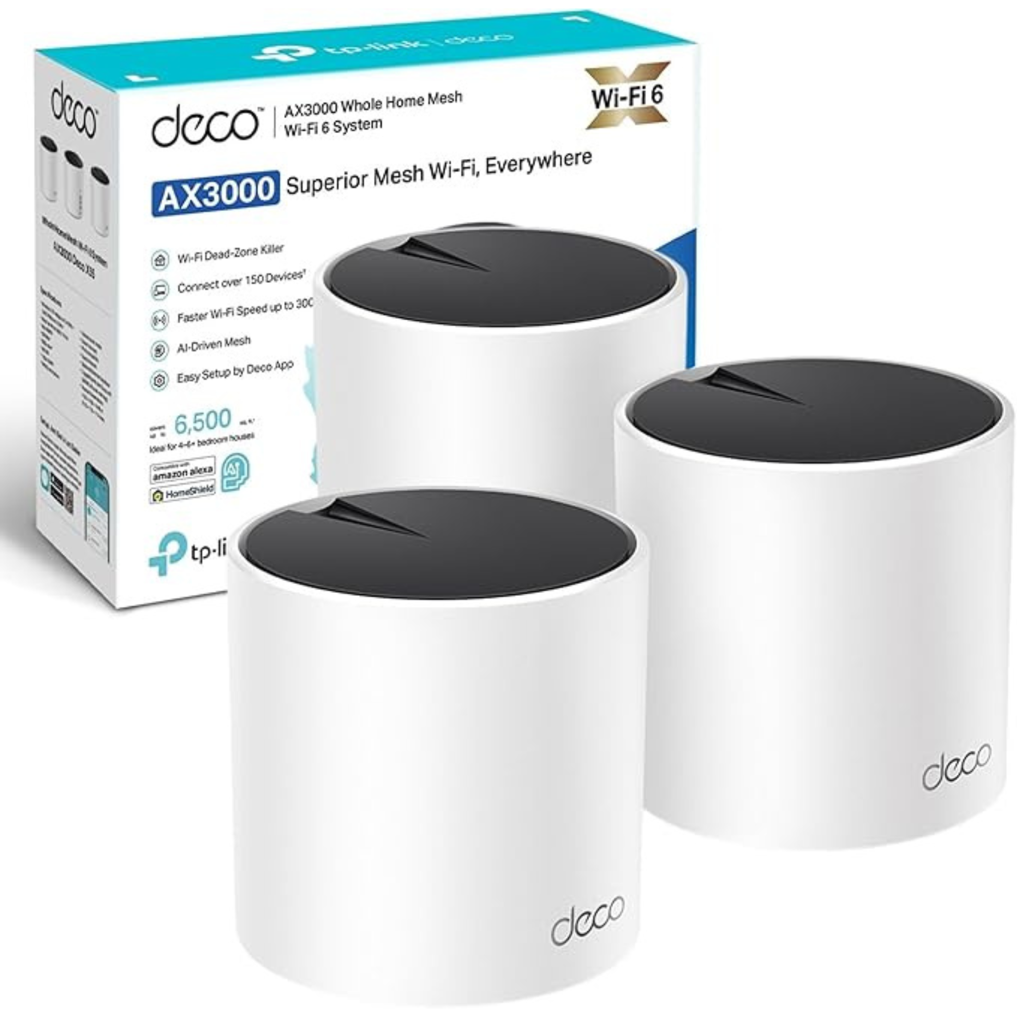 TP-Link Deco X55 AX3000 WiFi 6 Mesh System 3 Pack, Covers up to 6500 Sq.Ft, AI-Driven Mesh, 3 Gigabit Ports Per Unit, Ethernet Backhaul, White | Deco X55 OneCart