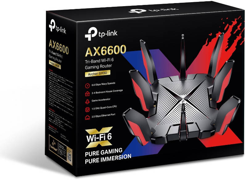 TP-Link Archer GX90 AX6600 Gaming Router, Tri-Band, Up to 6579 Mb/s Speed, Wi-Fi 6, 8x Antennas, 1 x Gigabit Port, USB 3.1, Black-Red | ARCHER GX90