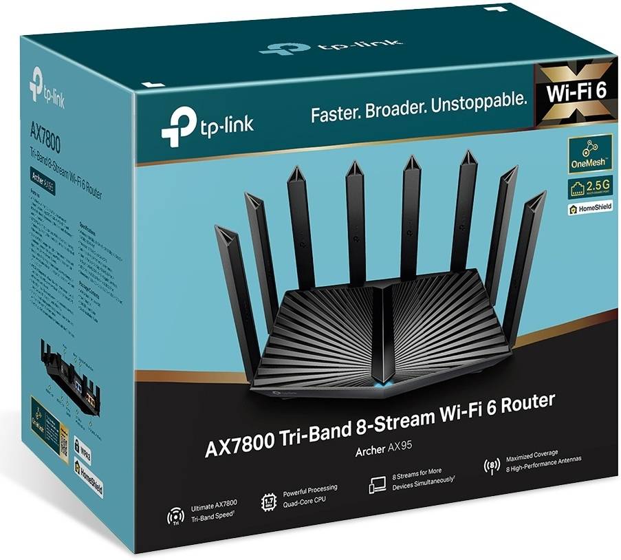 TP-Link Archer AX95 - AX7800 Tri-Band Gigabit 8-Stream Wi-Fi 6 Router, Up to 7800 Mbps Speed, 1×2.5 Gbps+4×1 Gbps Ports, 1.7 GHz Quad-Core CPU, USB 3.0+2.0, OneMesh , Ideal for Gaming Xbox/PS4