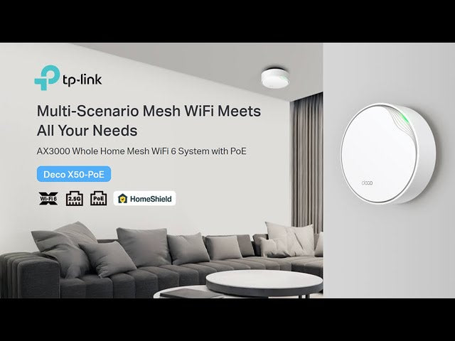 TP-Link Deco X50-PoE AX3000 Whole Home Mesh Wi-Fi 6 System with PoE, Dual-Band, AI-Driven Mesh, cover up to 6,500 ft2, Connect up to 150 devices, 1 0 GHz Dual-Core CPU, HomeShield, Pack of 3
